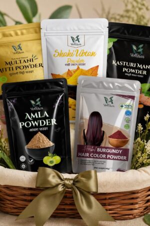 Natural Beauty & Hair Care Combo – Multani Mitti, Ubtan Powder, Kasturi Haldi, Amla Powder & Burgundy Hair Colour Kit